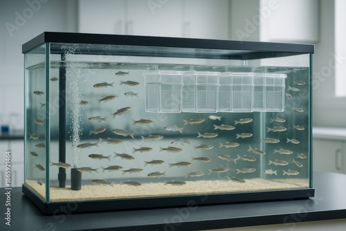 Wallpaper Mural Transparent aquarium with numerous zebrafish used for scientific research, placed in a brightly lit laboratory environment on a black counter. Ai generative Torontodigital.ca