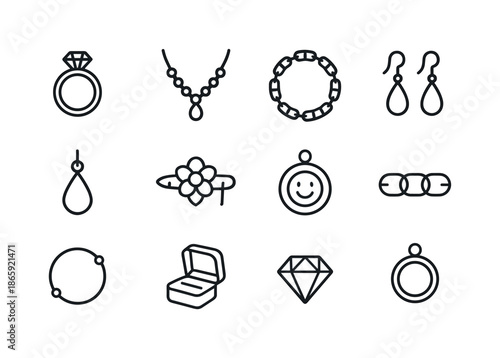 Jewelry Icon Set. Jewelry Accessories. Line icon set of Jewelry Accessories: ring, necklace, bracelet, earrings, pendant, brooch, charm, chain, anklet, jewelry