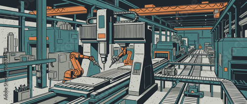 Automated industrial factory floor with robotic arms and CNC machines operating on a complex production line, a stylized graphic illustration of modern high-tech manufacturing