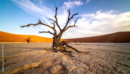 Ancient Desert Tree Standing Tall Under a Blue Sky in Namibia.