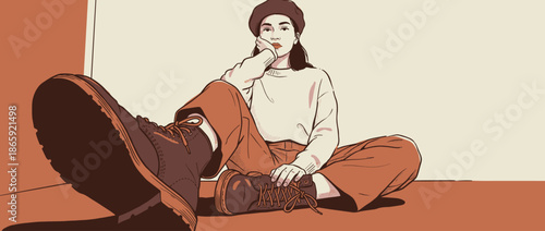 Stylish young woman in a beret, sweater, and boots sits on the floor, resting her chin on her hand with a thoughtful gaze in a minimalist comic book art illustration