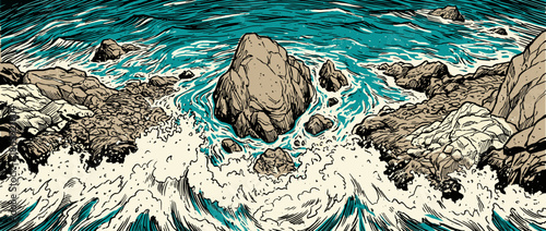 Crashing turquoise ocean waves against a rocky shoreline in a dramatic, graphic novel illustration style with bold black outlines and a powerful, energetic mood
