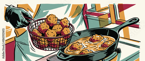Fried meatballs simmering in a rich sauce inside a cast-iron skillet during a cooking process, depicted in a vibrant retro comic book art style with bold outlines