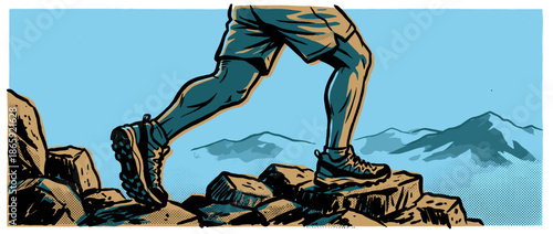 Detailed graphic illustration of a hiker's muscular legs in boots running up a rugged mountain trail, depicted in a dynamic low-angle view with a retro comic book style