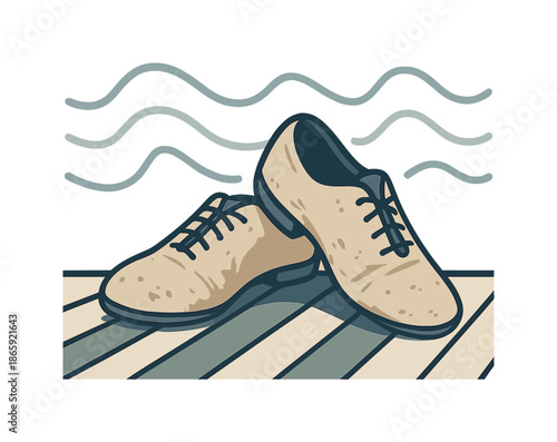 Worn Dance Shoes. Rehearsal shoes. A pair of worn dance shoes lean lightly against each other, floorboards creating clean geometric stripes. Music-wave shapes