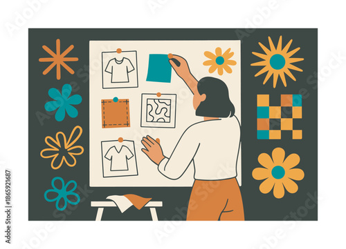 Creative Fashion Brainstorming. Studio brainstorming. The designer pins fabric swatches and quick sketches onto a mood board, color bursts and pattern icons