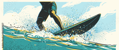 Surfer's legs and surfboard riding a dynamic ocean wave in a retro graphic illustration style with bold lines and vibrant splashes of water under a clear summer sky
