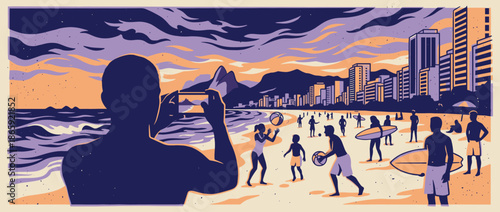 Stylized graphic illustration of a crowded urban beach scene at sunset, with silhouetted people surfing, playing, and taking photos of the scenic mountain and city skyline