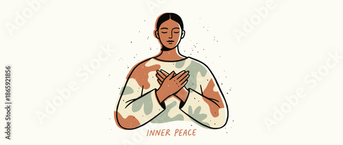 Serene illustrated woman in a camouflage shirt stands with eyes closed and hands crossed over her chest, embodying a moment of mindfulness, gratitude, and inner peace
