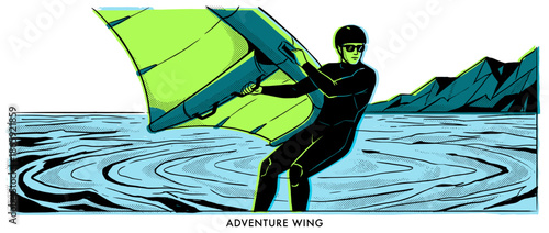 Man in a black wetsuit holds a large green wing while wing foiling on blue water, depicted in a bold graphic comic book style illustration with halftone details