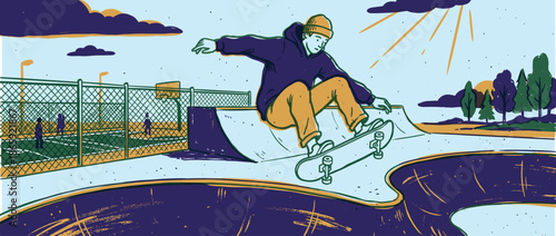Illustrated young man skateboarding on a ramp in an urban skatepark on a sunny day, depicted in a dynamic, graphic novel style with a bold, limited color palette