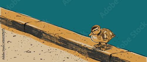 Small fluffy brown and yellow duckling stands alone on a concrete curb, looking down thoughtfully in a minimalist graphic hand-drawn illustration with bold outlines
