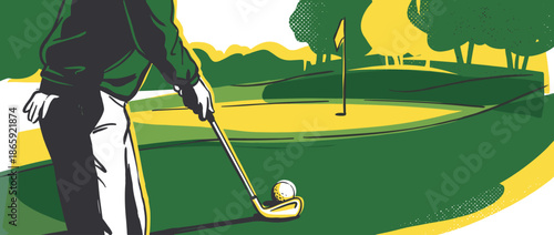 Male golfer wearing a green jacket and white pants putts a ball on a lush course in a stylish retro graphic illustration with bold lines and a limited color palette