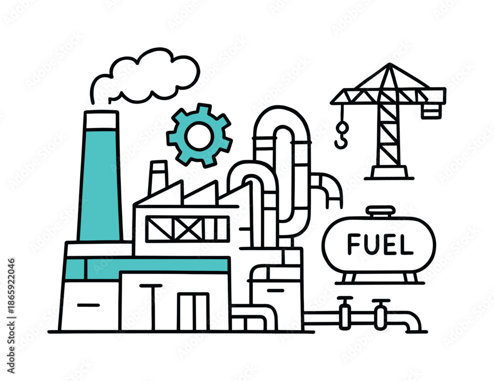 Fototapeta premium Industrial Plant Doodle. Heavy Industry Plant. Hand-drawn doodle illustration Heavy Industry Plant steel chimney (accented #21e4c9), gear symbol, structure