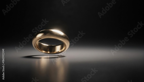 Golden ring levitating above a reflective surface with dramatic lighting