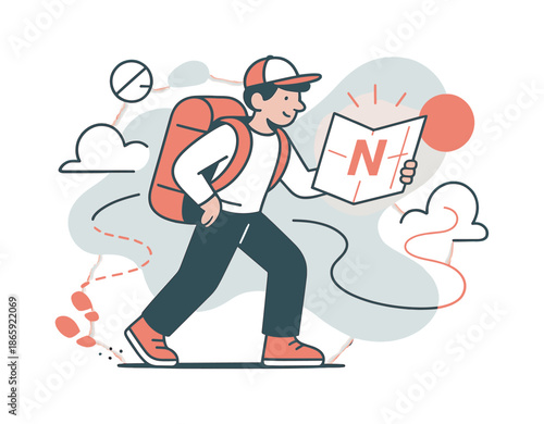 Traveler's Northbound Path. Navigating north. A traveler studies a glowing map with a bold ?N? as soft footprints and path lines trail behind. Modern flat-line