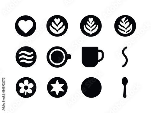 Latte Art Icons. Latte art. Solid icon set of latte art: heart foam, tulip pattern, rosetta, leaf swirl, wave pattern, cup top view, mug outline, steam line,