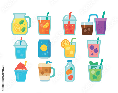 Summer Refreshment Icons. Summer refreshments. Colorful flat vector icons set of summer refreshments: lemonade jar, iced tea glass, fruit punch cup, cold brew
