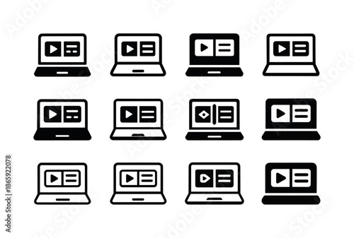 Laptop Video Editing Icons. Editing videos on a laptop. Icon set. Set Logo of editing videos on a laptop: dual-screen editing view. harmonious logo variations