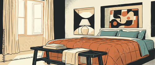 Cozy bedroom interior illustration with a large bed, orange comforter, and abstract art, depicted in a retro comic style with halftone shading and warm light from a window