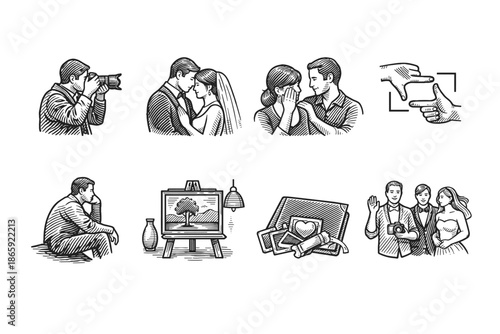 Hand-drawn illustrations of wedding and photography scenes