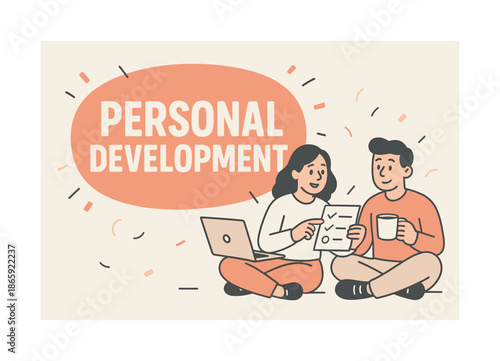 Goal Planning Banner. Personal Development banner, flat vector illustration, bold oversized text inside rounded blob banner, cartoon characters sitting and