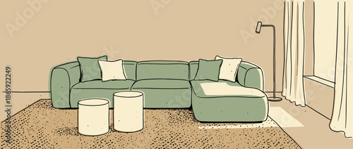 Sage green sectional sofa with pillows and round side tables in a cozy living room interior, a minimalist hand-drawn illustration with a calm, neutral color palette