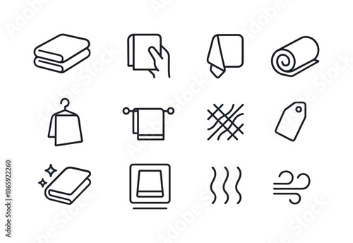 Towel Icon Set. Towel handling. Line icon set of towel handling: towel fold, towel grip, towel corner, rolled towel, towel on hook, towel on rack, fabric