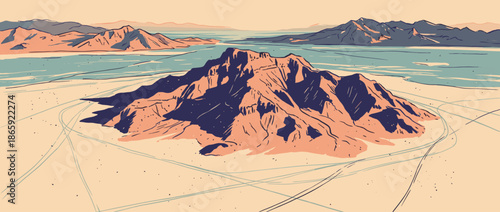 Stylized graphic illustration of a desert mountain butte in a vast arid landscape with distant ranges, rendered in a limited color palette with bold lines and strong shadows