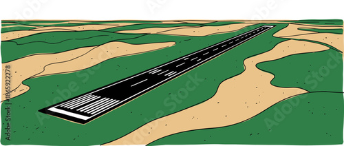 Empty airport runway illustration with markings stretching into the distance across a green and sand colored landscape, depicted in a bold, graphic comic book style