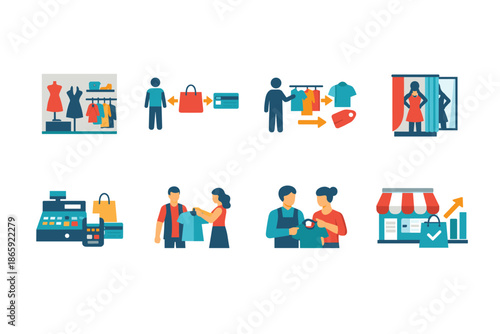 Colorful illustrations of a clothing store shopping process and transactions