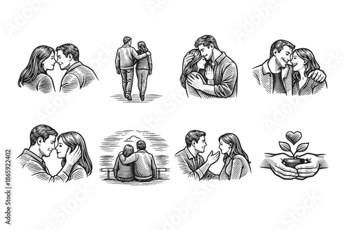 Set of romantic couple illustrations in sketch style