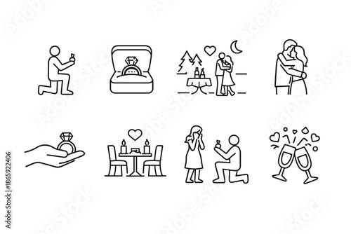 Romantic proposal icons collection with couples and engagement rings