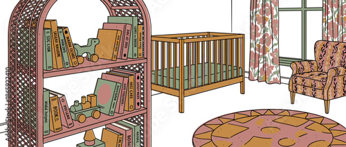 Cozy nursery room illustration featuring a wooden crib, a large bookshelf with toys, and a patterned armchair in a warm, vintage-inspired color palette