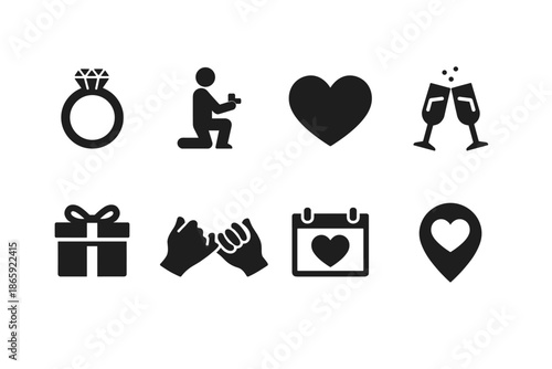 Romantic icons depicting love, marriage proposal, and celebration