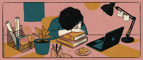 Exhausted young student with messy hair sleeping on a stack of books at a desk with a laptop and lamp in a stylized, hand-drawn comic illustration
