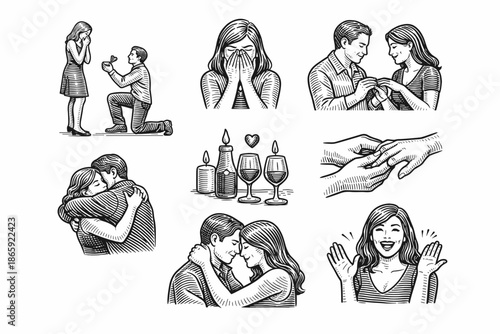 Romantic marriage proposal and celebration illustrations in black and white