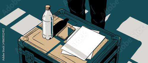 Plastic water bottle, smartphone, and blank papers sit atop a rugged equipment case in a graphic illustration style, suggesting a backstage preparation or break moment