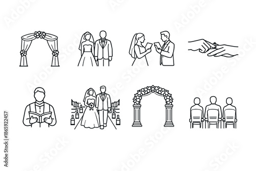 Wedding ceremony icons set with couple, vows, rings, and decorations