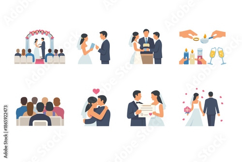 Wedding ceremony icons set depicting couple and guests