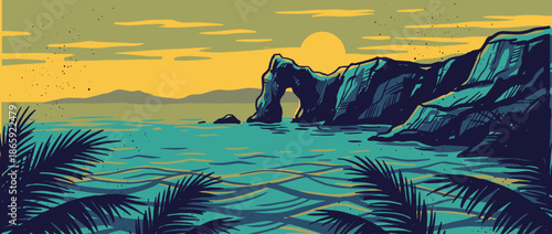 Stylized coastal landscape illustration featuring a prominent rock arch in the tranquil turquoise sea, with a setting sun and silhouetted palm fronds framing the view