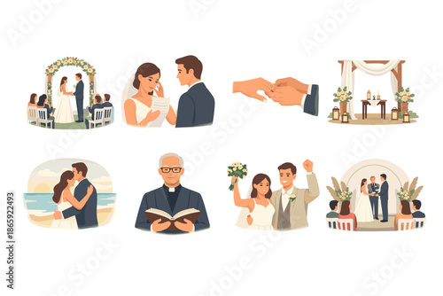 Romantic wedding ceremony illustrations with various scenes