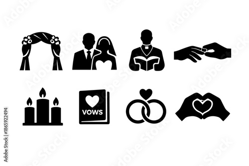 Wedding icon set with ceremony symbols including rings and vows