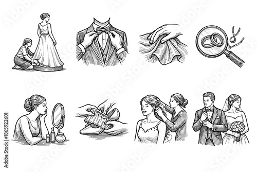 Set of elegant black and white wedding preparation illustrations