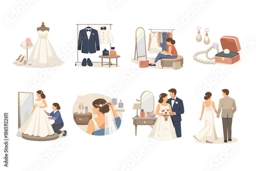 Wedding preparation and ceremony illustrations with couples and accessories