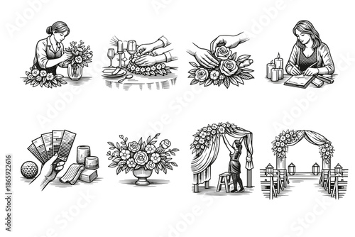 Elegant hand-drawn wedding planning illustrations set