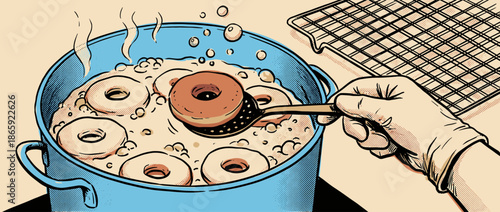 Gloved hand using a slotted spoon lifts a freshly made donut from a pot of hot, bubbling oil in a vintage pop art style illustration with halftone details