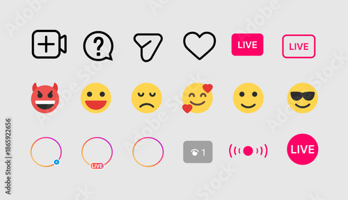Live Streaming UI Icons Set, Reaction Emojis, Notification and Interface Elements