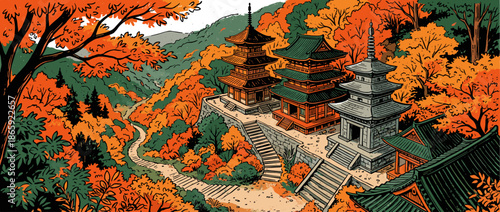 Traditional Asian temple complex with pagodas is nestled in a vibrant autumn forest, depicted in a beautiful graphic illustration with bold outlines and a striking orange and green palette