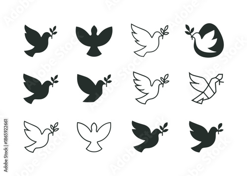 Dove Logo Variations. Mural. Icon set. Set Logo of mural: dove of peace silhouette. harmonious logo variations of the same emblematic concept, each with